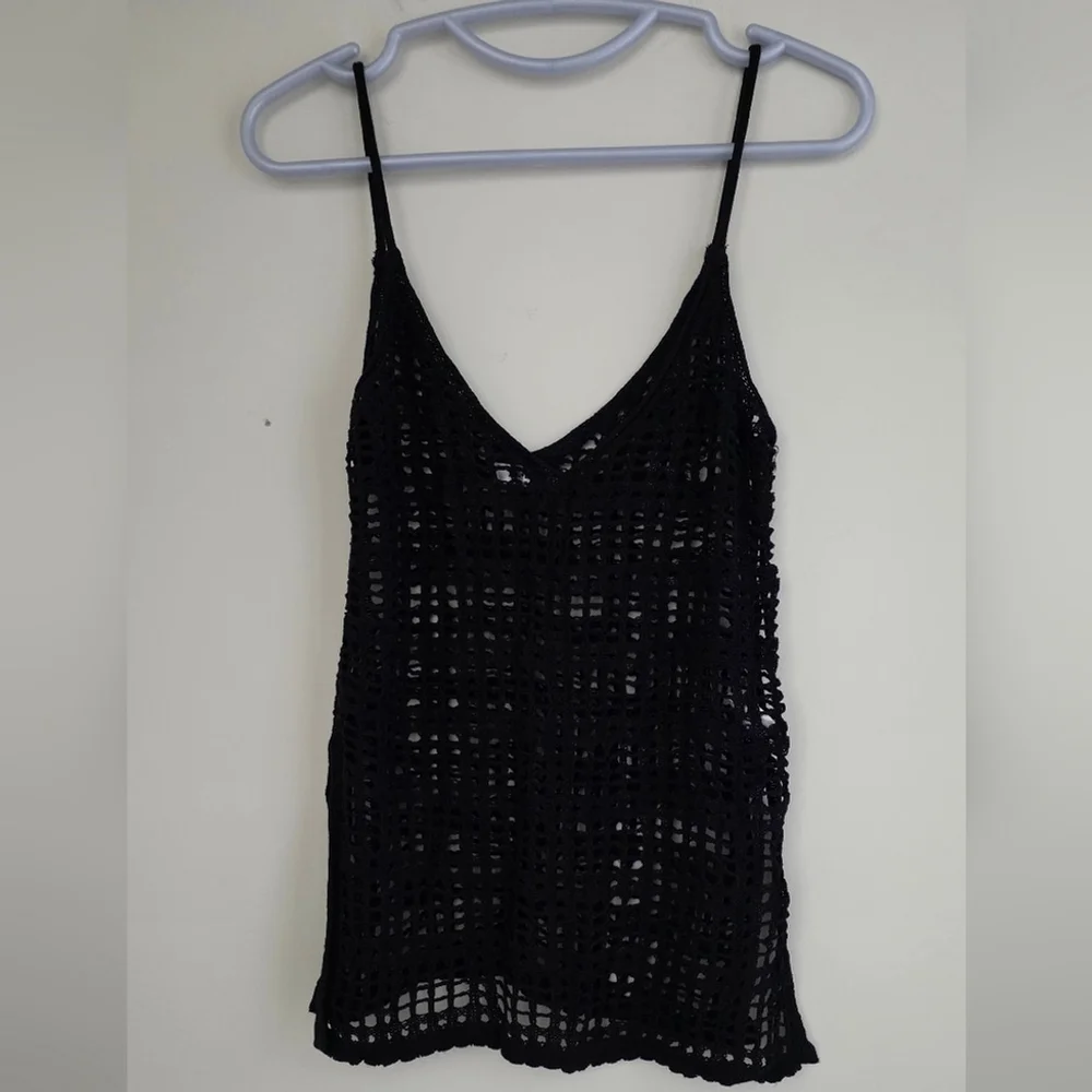 AOLRO Black Crochet Knit Beach Tank | Women's Swim Cover-Up Top